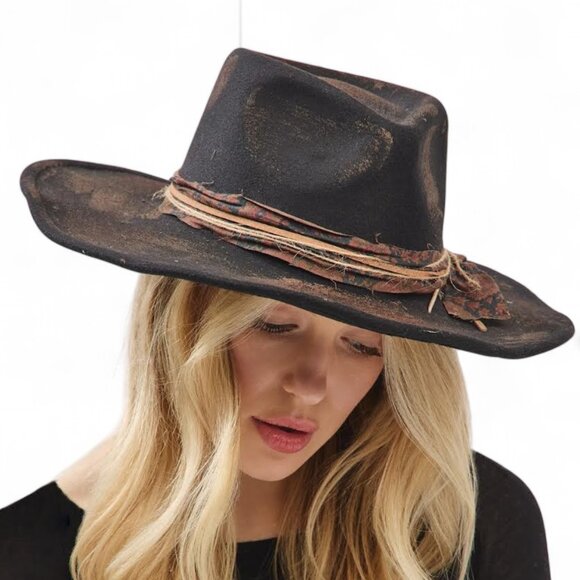 Distressed Designed Cowboy Cowgirl Hat Western Fedora Hat - Picture 5 of 7